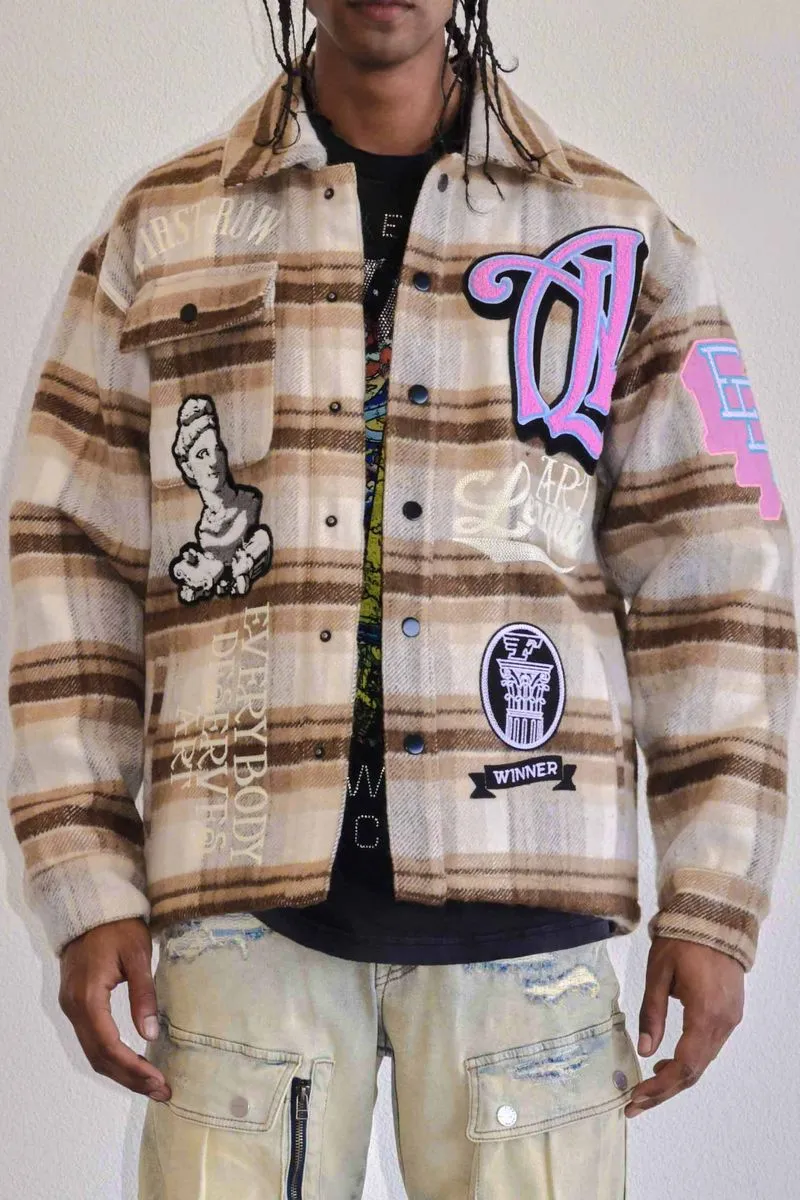 First Row Art League Multi Patches Shacket  Brown Jacket