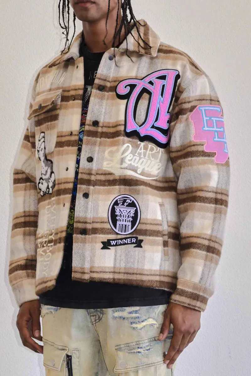 First Row Art League Multi Patches Shacket  Brown Jacket