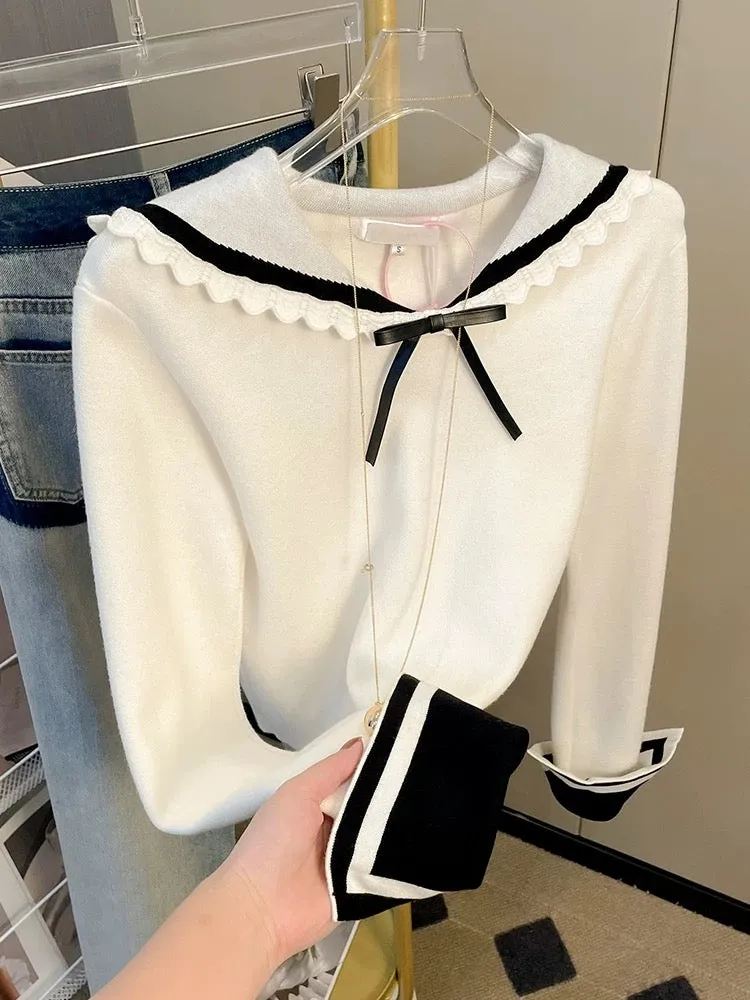 French ballet style bow sweet sweater for women, chic short navy collar contrasting color long-sleeved top for autumn new style 