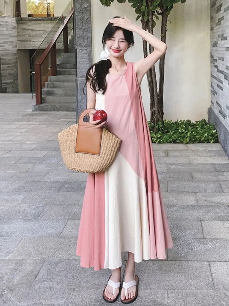 French design sense color matching internet celebrity vest dress summer new pink temperament holiday style long skirt with large