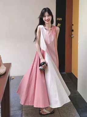 French design sense color matching internet celebrity vest dress summer new pink temperament holiday style long skirt with large