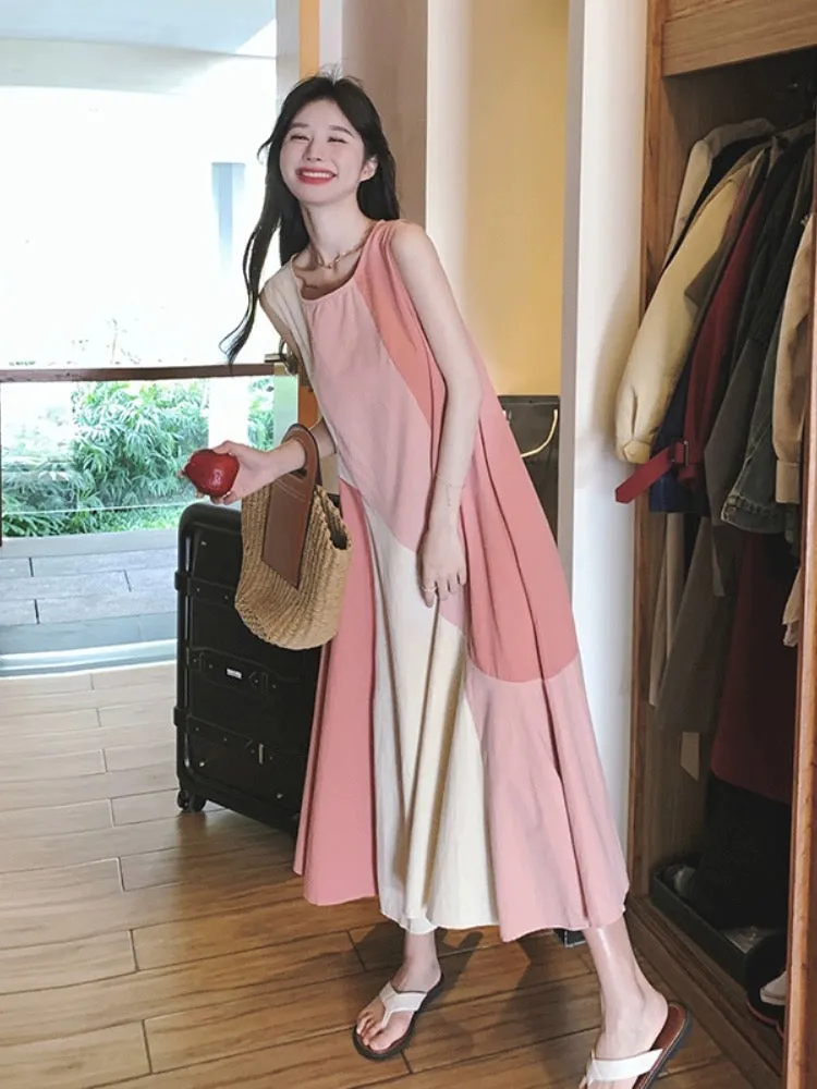 French design sense color matching internet celebrity vest dress summer new pink temperament holiday style long skirt with large