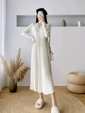 French Elegant Knitted Dress Women's Autumn and Winter Waist Slimming V-neck Mid-Length Over-the-Knee Pleated Sweater Dress