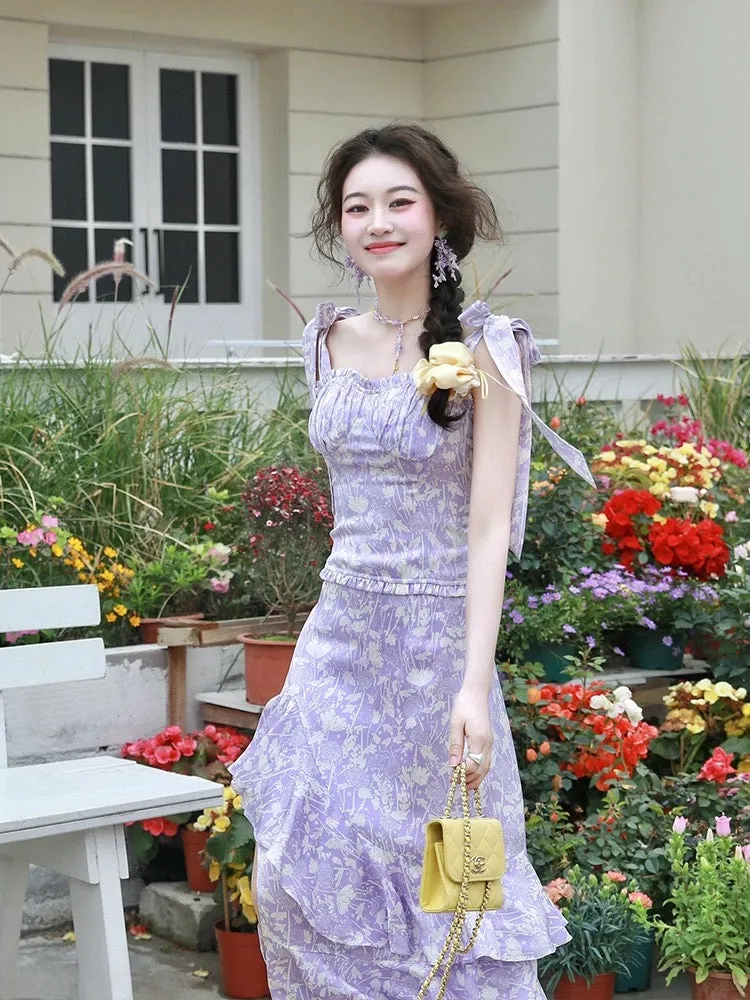 French Hepburn style purple floral ear-trimmed vest for women summer high-waisted ruffled skirt two-piece suit