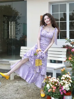 French Hepburn style purple floral ear-trimmed vest for women summer high-waisted ruffled skirt two-piece suit