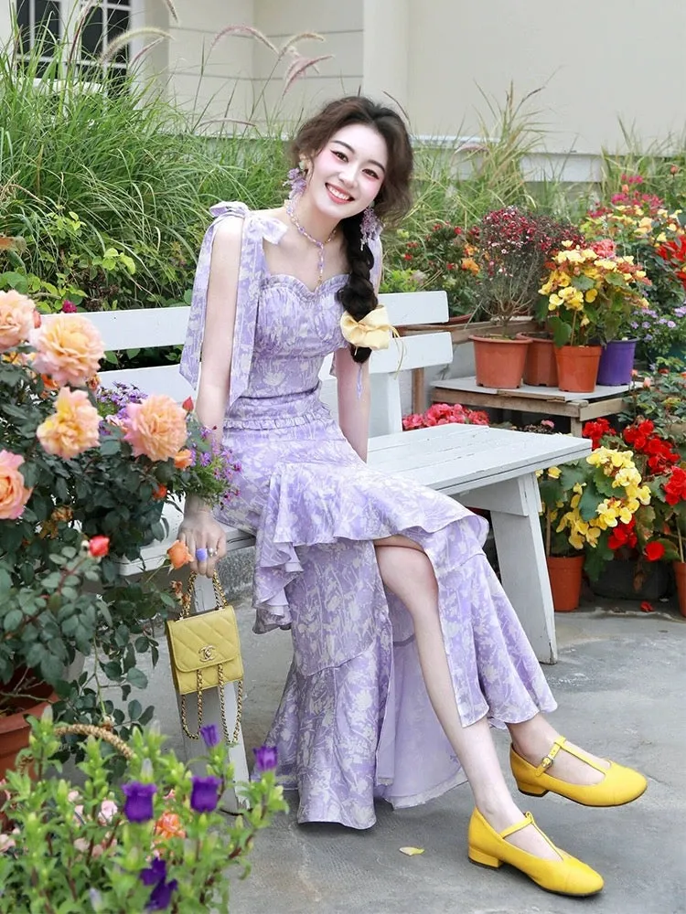 French Hepburn style purple floral ear-trimmed vest for women summer high-waisted ruffled skirt two-piece suit