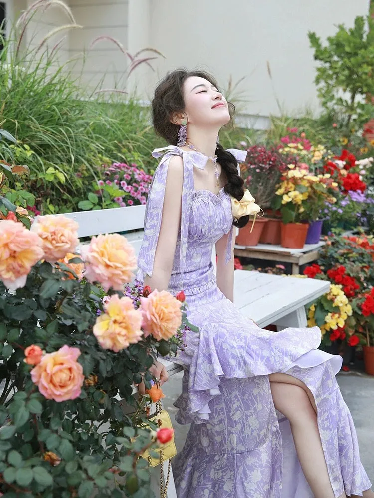 French Hepburn style purple floral ear-trimmed vest for women summer high-waisted ruffled skirt two-piece suit