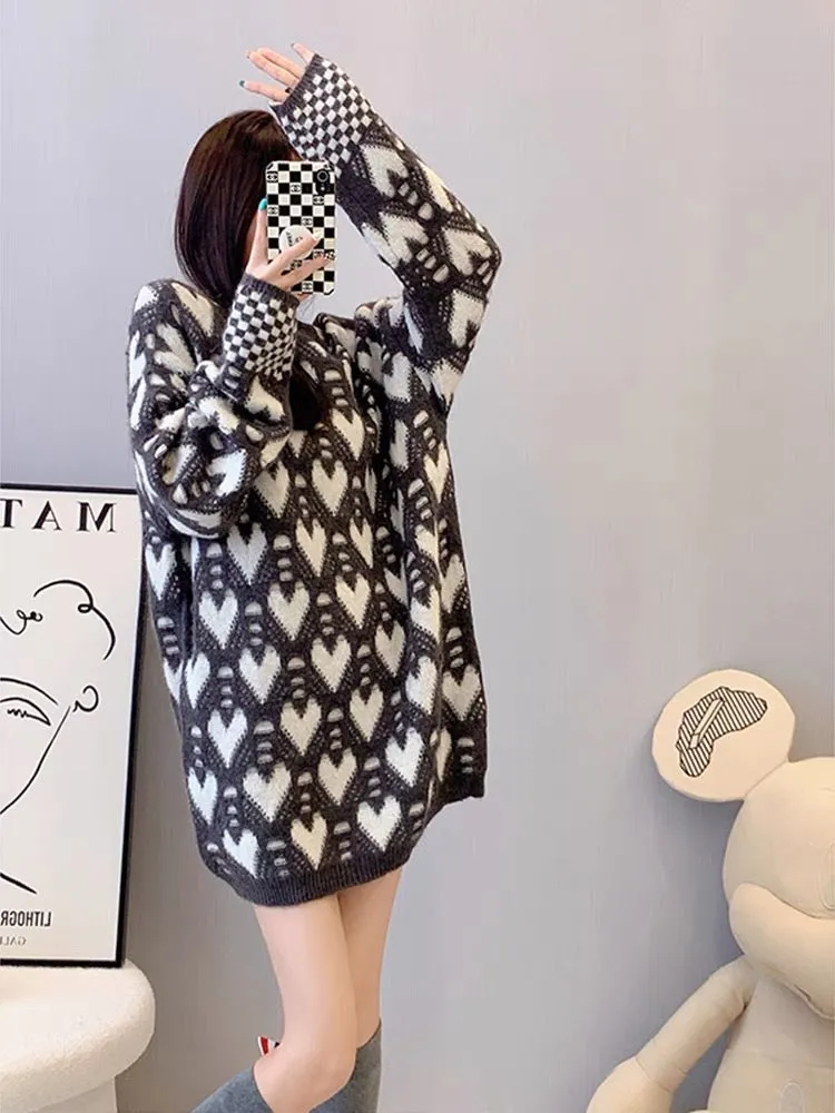 Gentle wind, soft and waxy love pattern knitted sweater for women, noble and elegant mid-length thickened warm and unique trendy