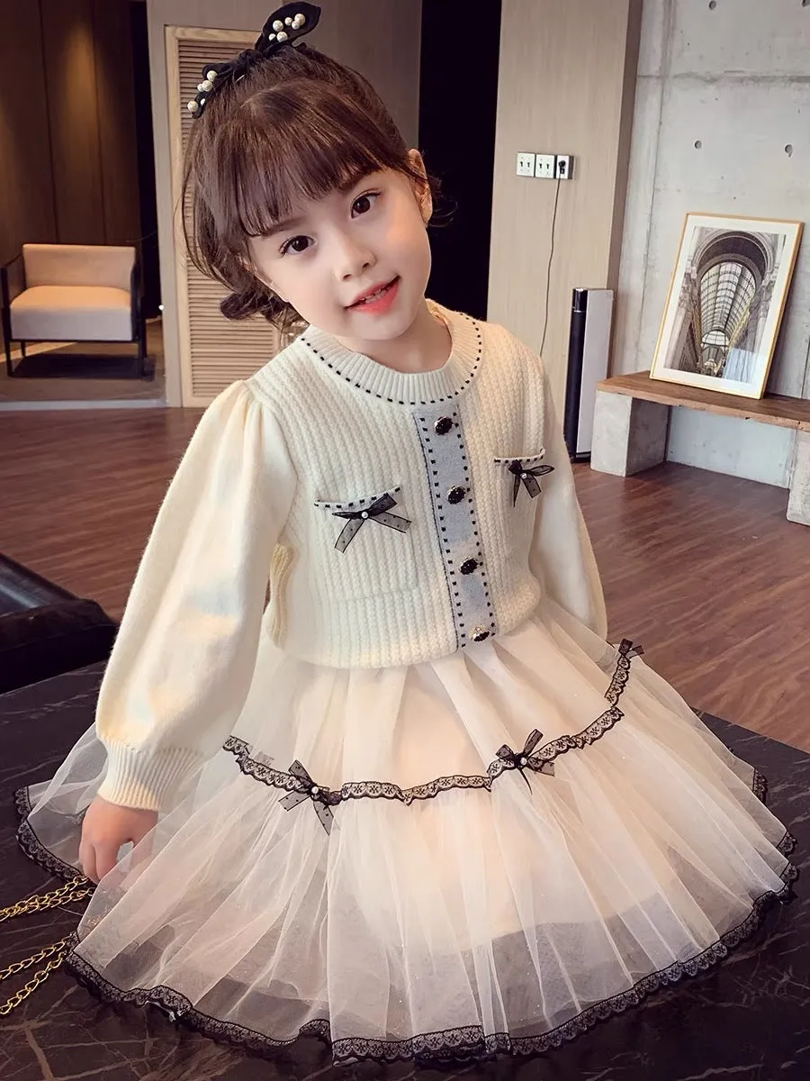 Girls' skirts new spring style fashionable style sweater princess mesh skirt two-piece spring and autumn little girl suit