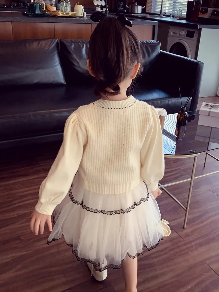 Girls' skirts new spring style fashionable style sweater princess mesh skirt two-piece spring and autumn little girl suit