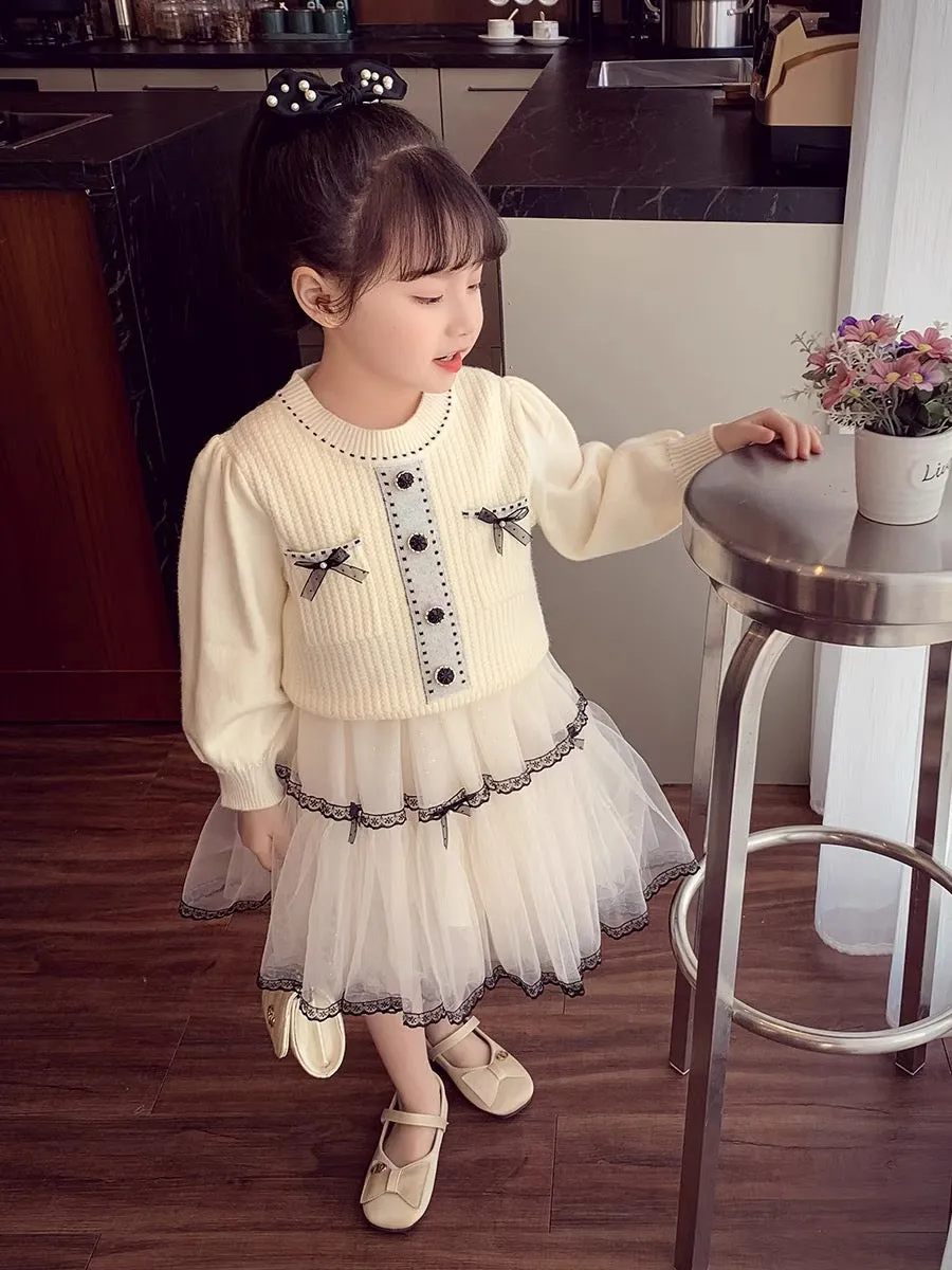 Girls' skirts new spring style fashionable style sweater princess mesh skirt two-piece spring and autumn little girl suit