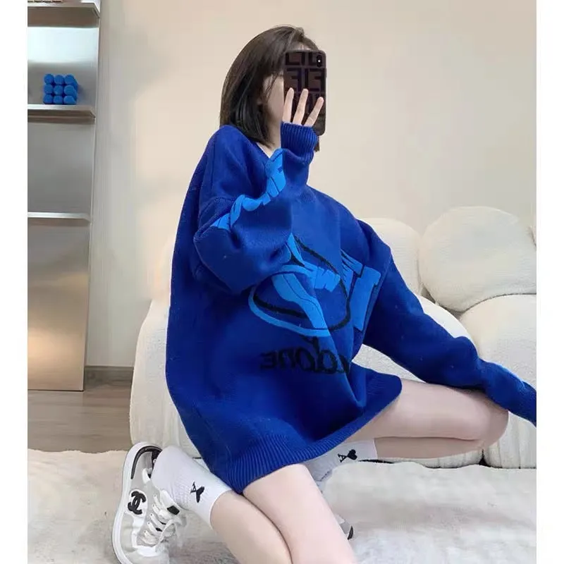 High-end design Klein blue sweater for women autumn 2023 new loose letter foam mid-length sweater