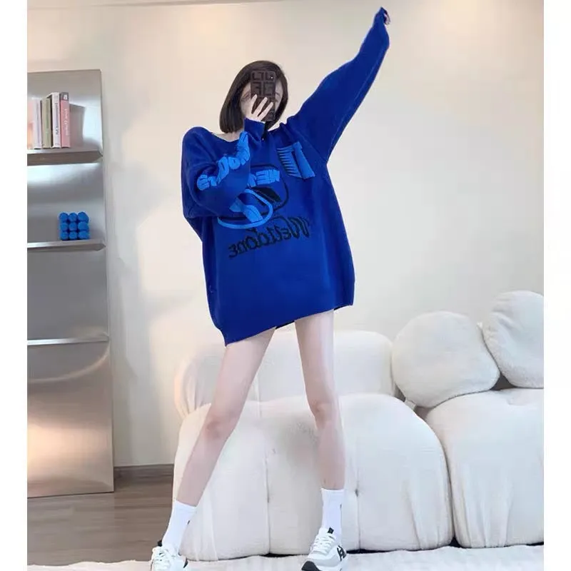 High-end design Klein blue sweater for women autumn 2023 new loose letter foam mid-length sweater