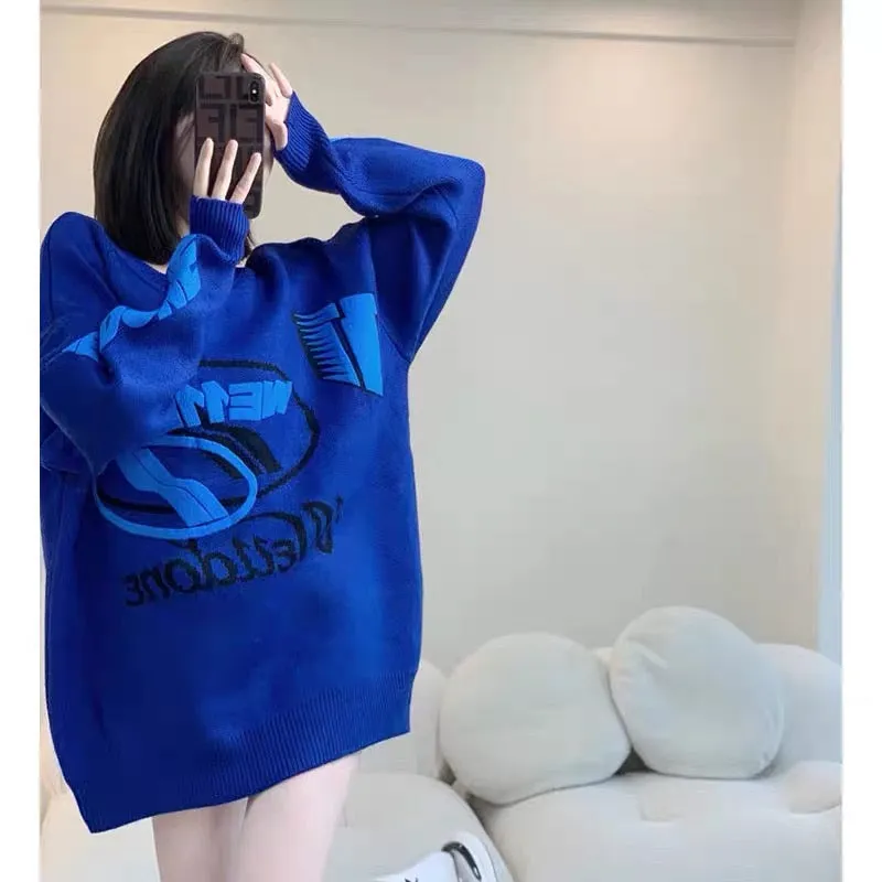 High-end design Klein blue sweater for women autumn 2023 new loose letter foam mid-length sweater