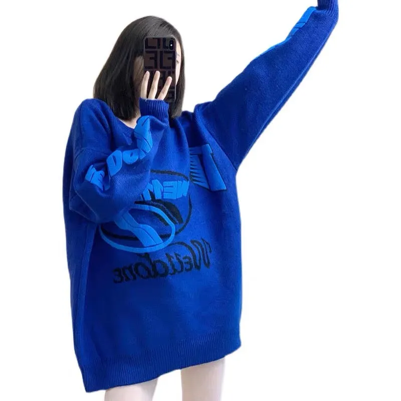 High-end design Klein blue sweater for women autumn 2023 new loose letter foam mid-length sweater