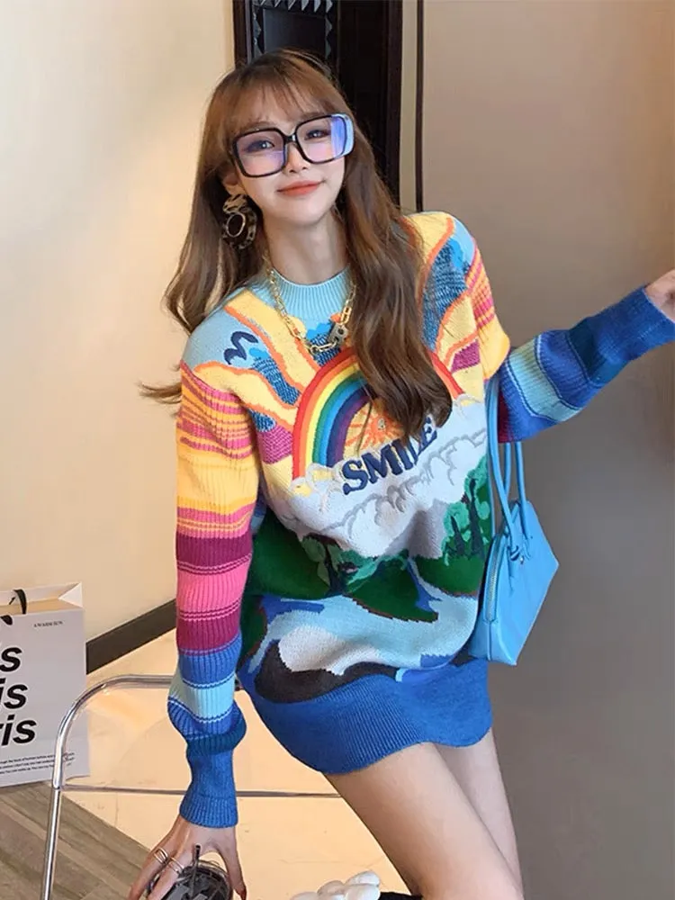 High-end heavy-duty embroidery rainbow knitted sweater women's autumn and winter loose mid-length versatile chic top ins T3451