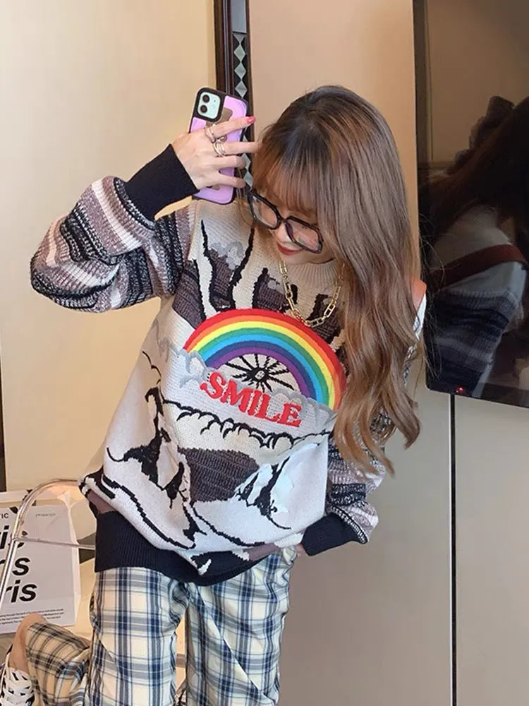 High-end heavy-duty embroidery rainbow knitted sweater women's autumn and winter loose mid-length versatile chic top ins T3451