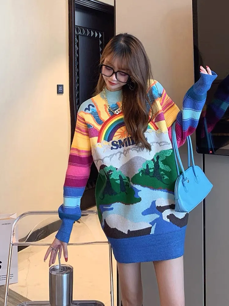 High-end heavy-duty embroidery rainbow knitted sweater women's autumn and winter loose mid-length versatile chic top ins T3451