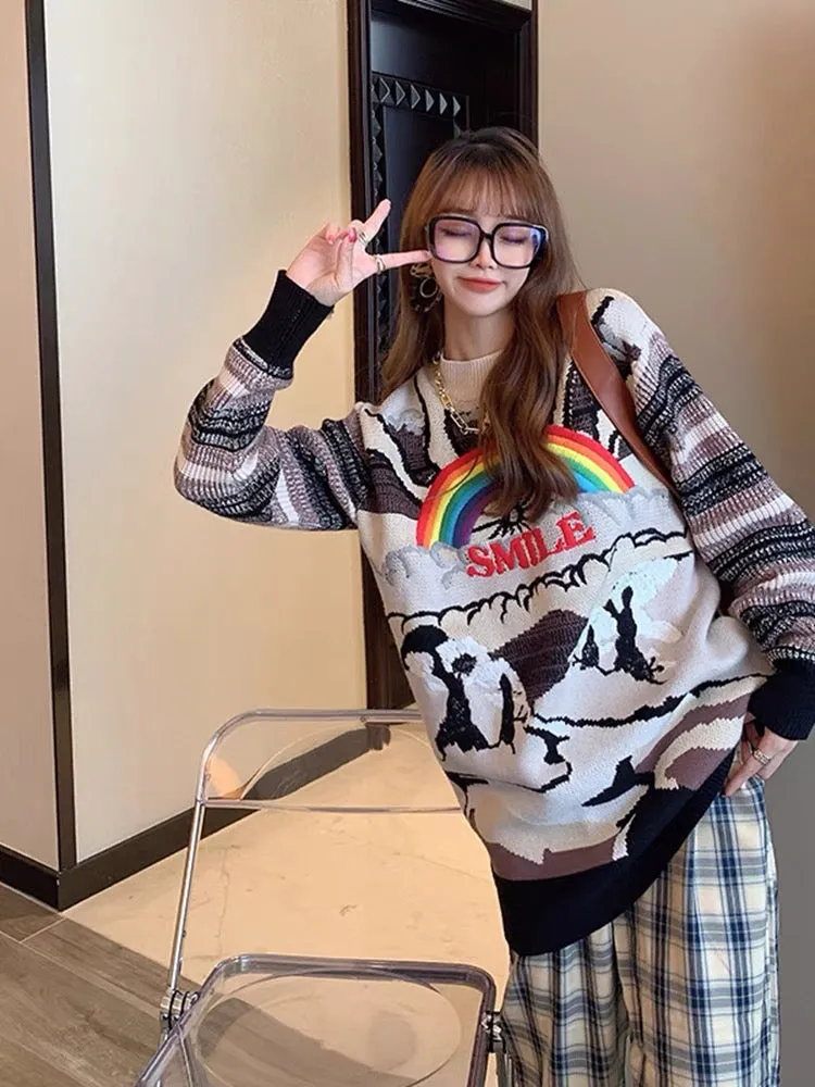 High-end heavy-duty embroidery rainbow knitted sweater women's autumn and winter loose mid-length versatile chic top ins T3451