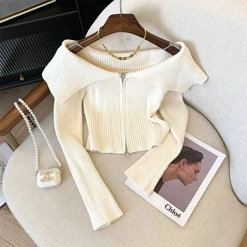 High-end pure lust design niche white one-shoulder double zipper waist short sweater top for women in autumn and winter