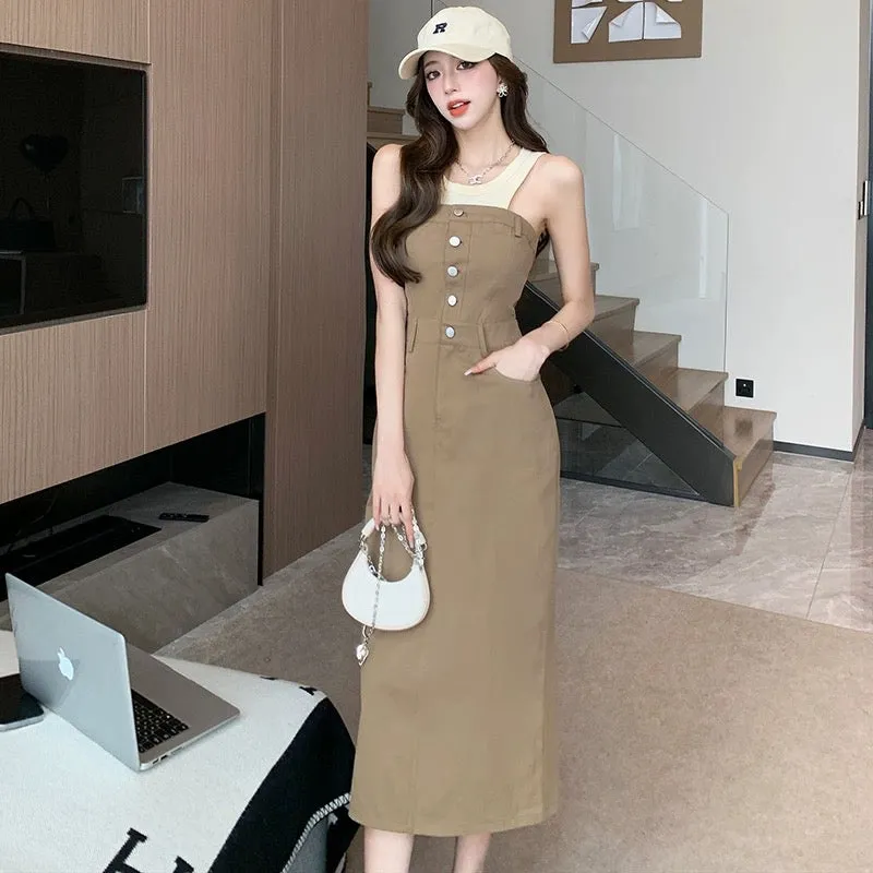 High-end retro gentle lady vest dress two-piece set women's summer tube top slit mid-length suit skirt