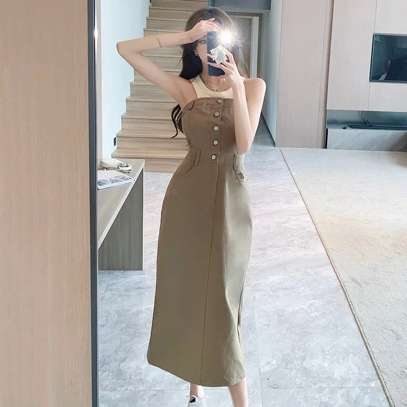 High-end retro gentle lady vest dress two-piece set women's summer tube top slit mid-length suit skirt