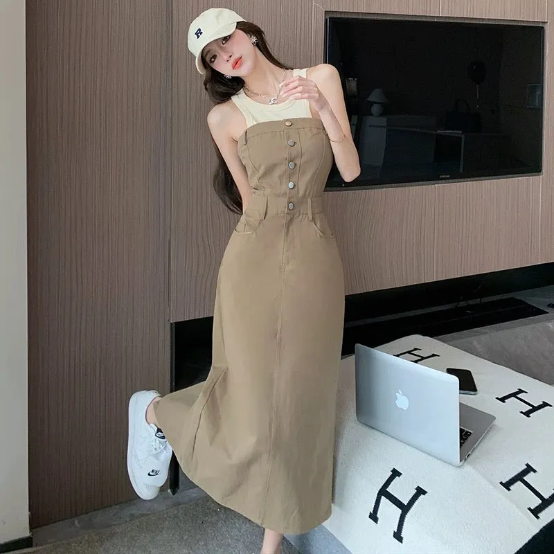 High-end retro gentle lady vest dress two-piece set women's summer tube top slit mid-length suit skirt