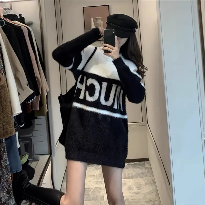 Internet celebrity plush design niche off-shoulder contrasting color scheming women's sweater lettered mid-length over-the-hip s