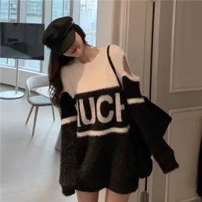 Internet celebrity plush design niche off-shoulder contrasting color scheming women's sweater lettered mid-length over-the-hip s