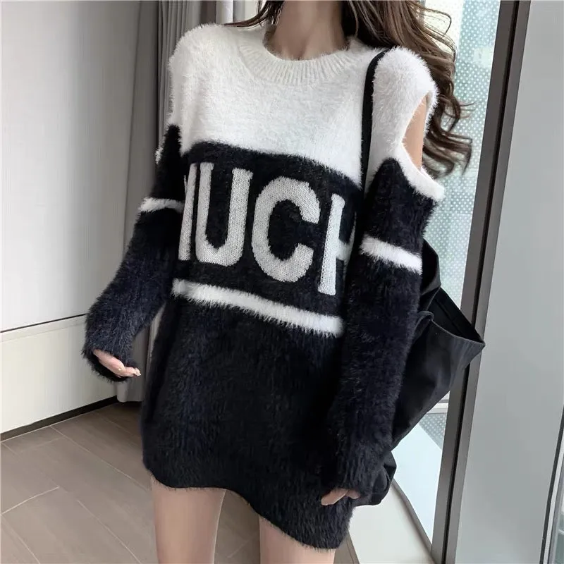 Internet celebrity plush design niche off-shoulder contrasting color scheming women's sweater lettered mid-length over-the-hip s