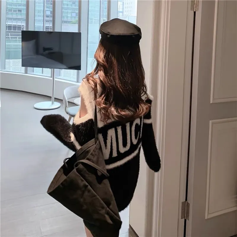 Internet celebrity plush design niche off-shoulder contrasting color scheming women's sweater lettered mid-length over-the-hip s