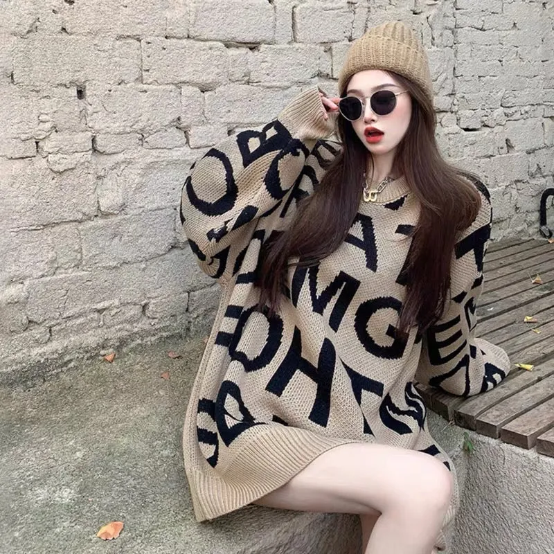 Internet celebrity trendy brand letter jacquard outer sweater women's mid-length loose large size fashionable thickened warm swe