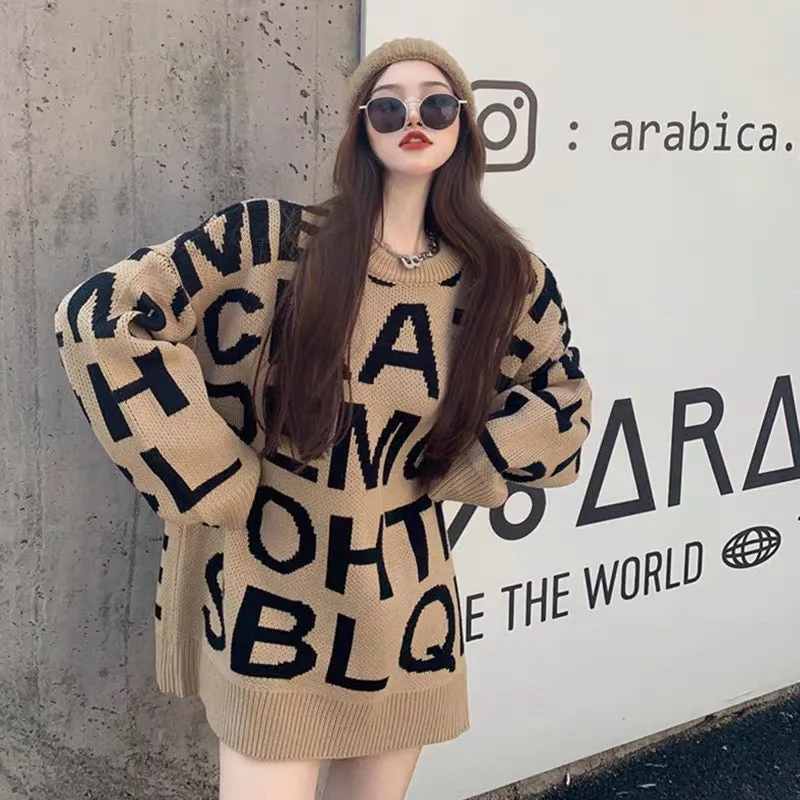 Internet celebrity trendy brand letter jacquard outer sweater women's mid-length loose large size fashionable thickened warm swe