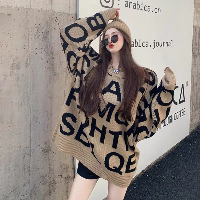 Internet celebrity trendy brand letter jacquard outer sweater women's mid-length loose large size fashionable thickened warm swe