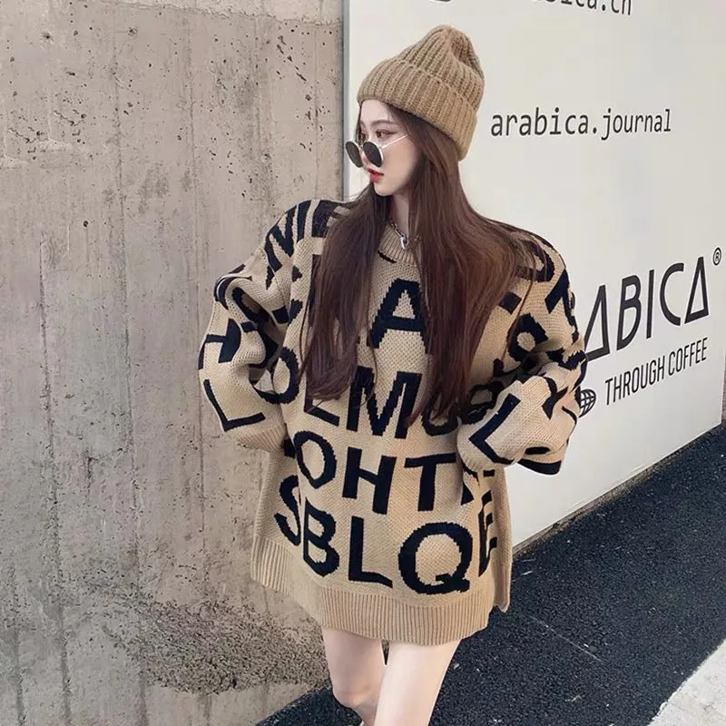 Internet celebrity trendy brand letter jacquard outer sweater women's mid-length loose large size fashionable thickened warm swe