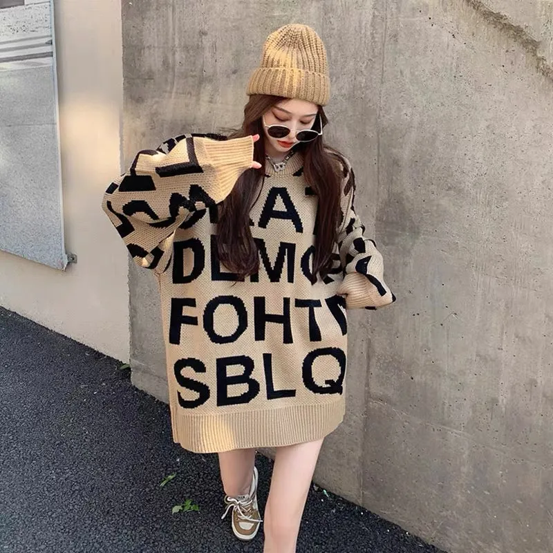 Internet celebrity trendy brand letter jacquard outer sweater women's mid-length loose large size fashionable thickened warm swe