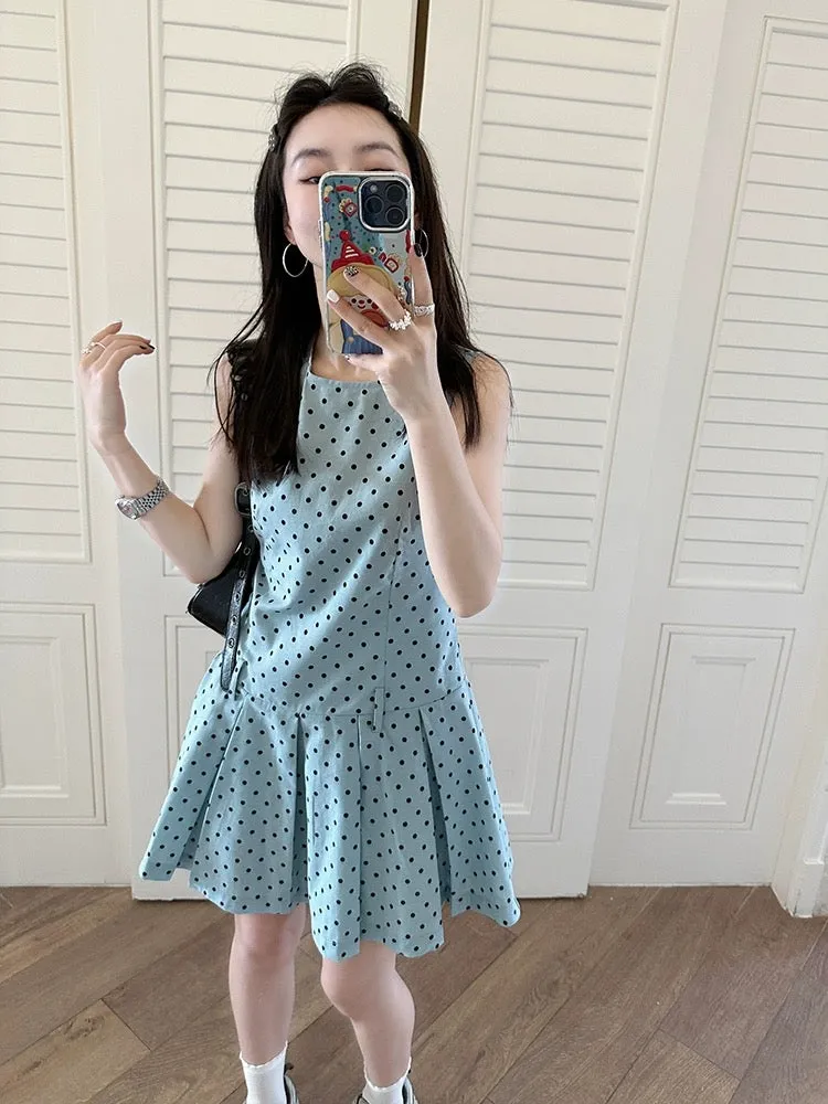 Jin Suyi blue and green cotton and linen polka dot dress for women 2024 summer Korean style waist slimming vest dress for small 