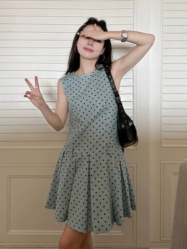 Jin Suyi blue and green cotton and linen polka dot dress for women 2024 summer Korean style waist slimming vest dress for small 