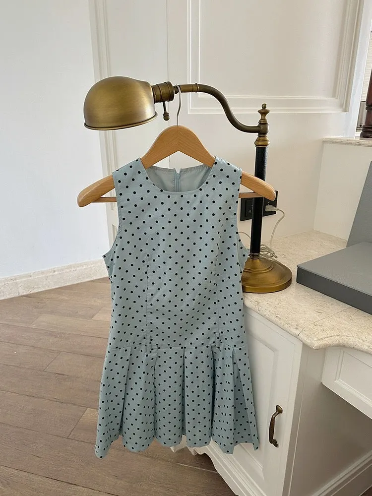 Jin Suyi blue and green cotton and linen polka dot dress for women 2024 summer Korean style waist slimming vest dress for small 