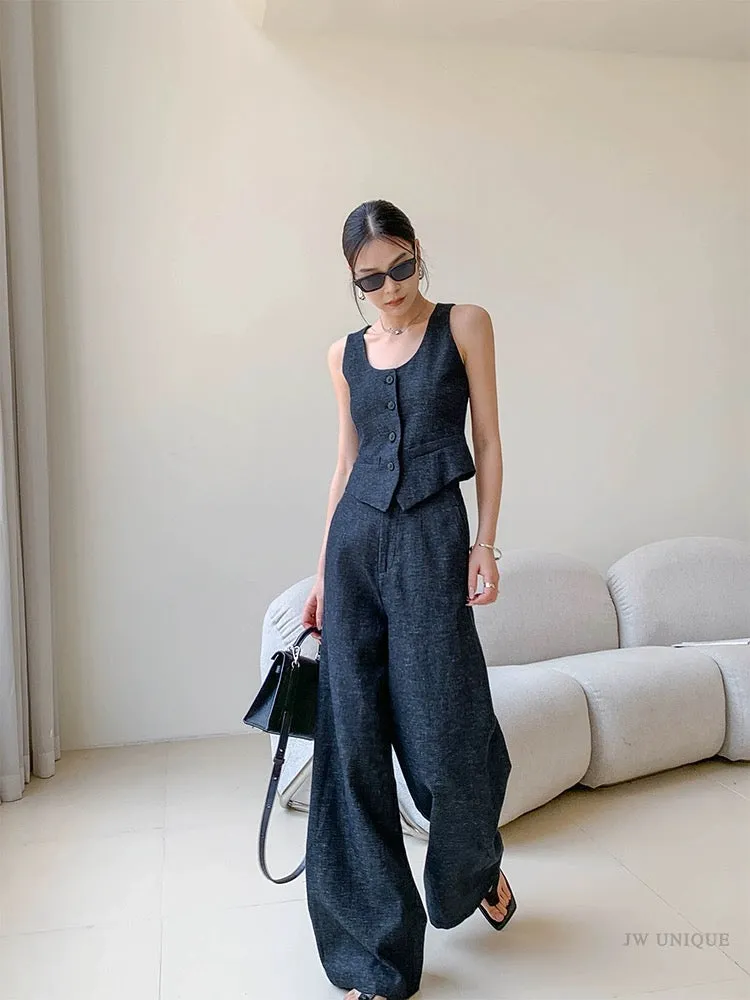 JWUNIQUE Retro Two-piece Suit Women's Summer 2024 Sleeveless Vest Suit Vest Top Wide Leg Casual Pants