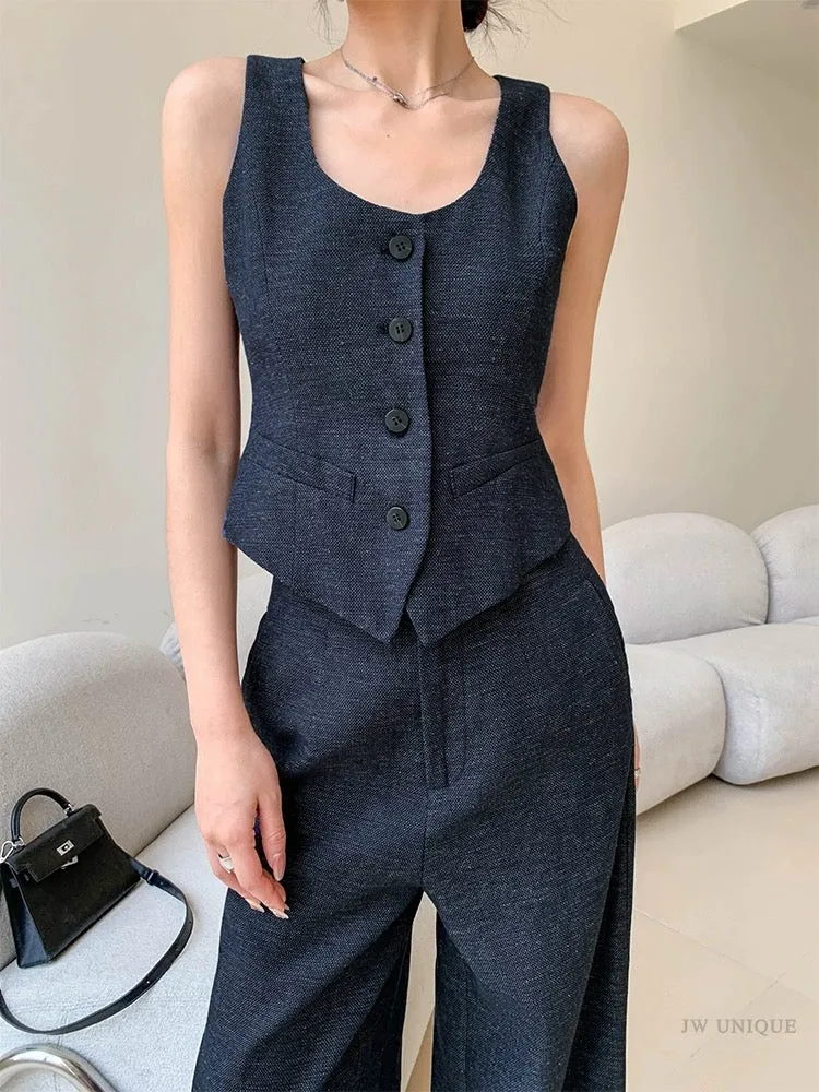 JWUNIQUE Retro Two-piece Suit Women's Summer 2024 Sleeveless Vest Suit Vest Top Wide Leg Casual Pants