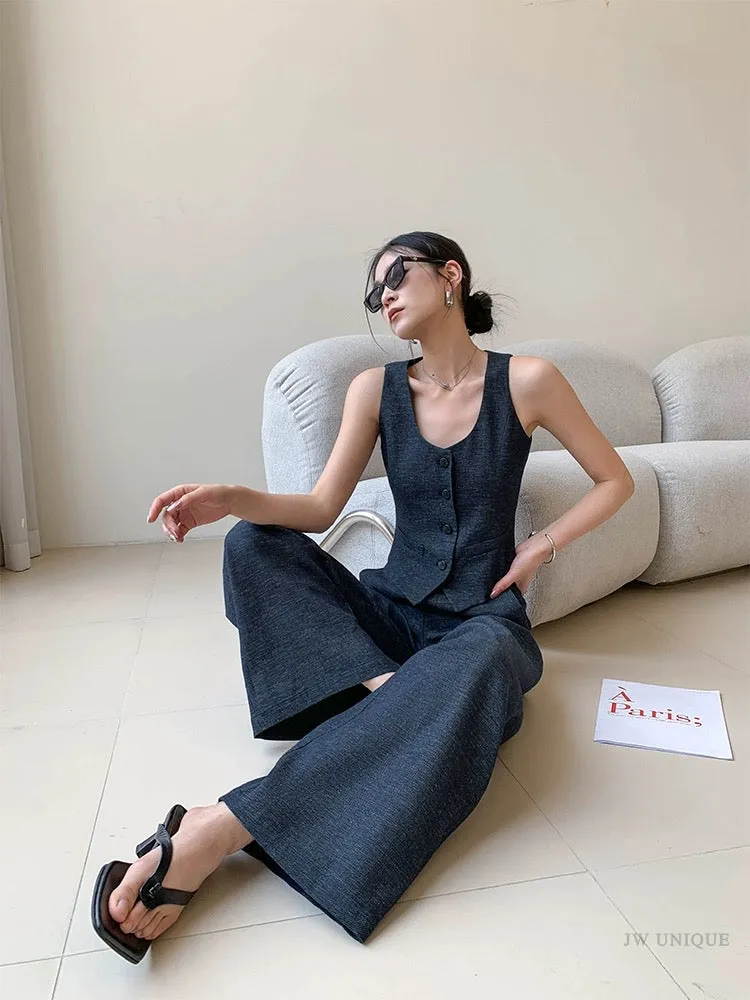 JWUNIQUE Retro Two-piece Suit Women's Summer 2024 Sleeveless Vest Suit Vest Top Wide Leg Casual Pants