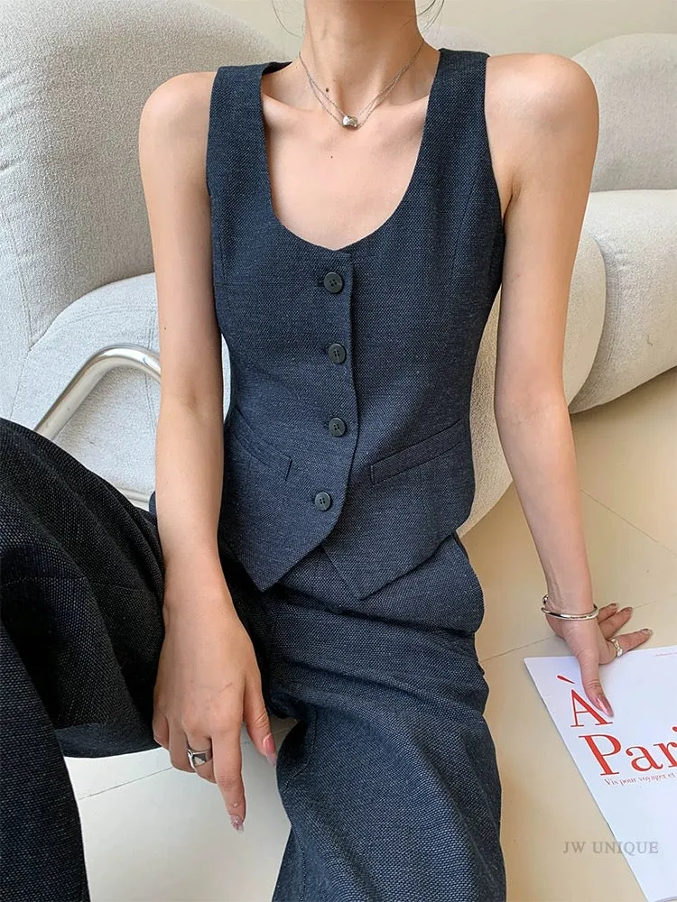 JWUNIQUE Retro Two-piece Suit Women's Summer 2024 Sleeveless Vest Suit Vest Top Wide Leg Casual Pants