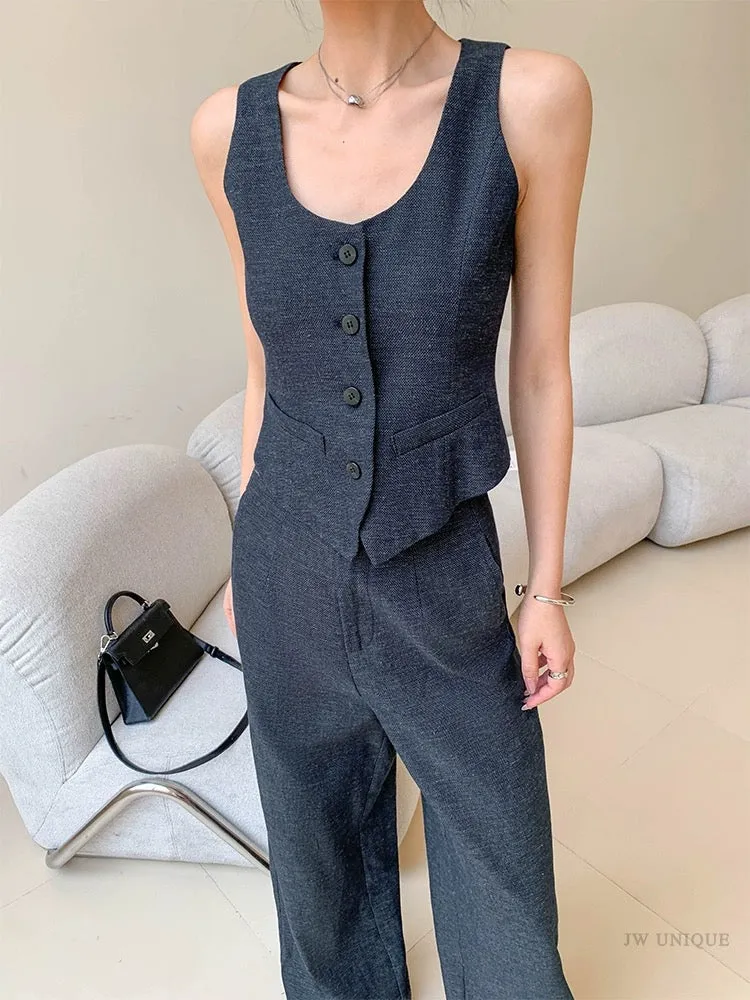 JWUNIQUE Retro Two-piece Suit Women's Summer 2024 Sleeveless Vest Suit Vest Top Wide Leg Casual Pants