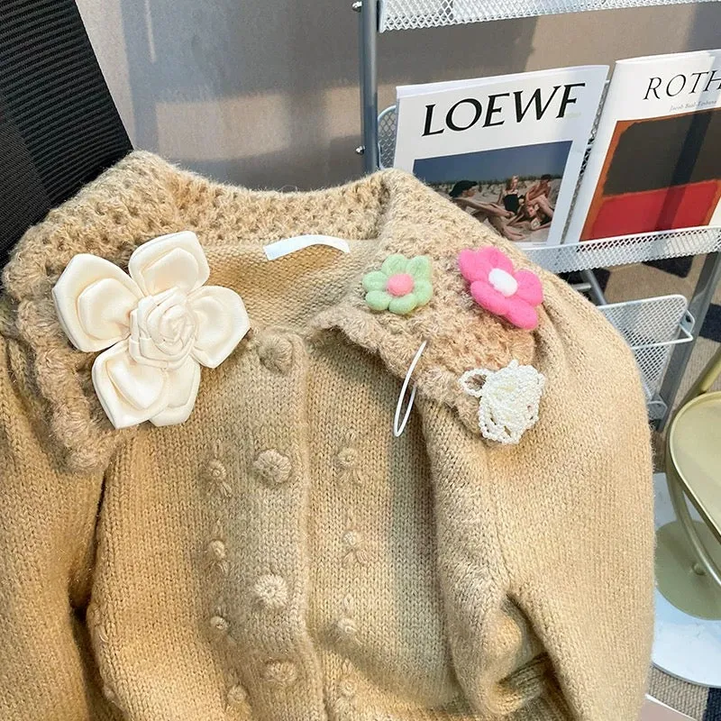 Korean style heavy industry crocheted doll collar three-dimensional flower puff sleeves short sweater women's sweater autumn and