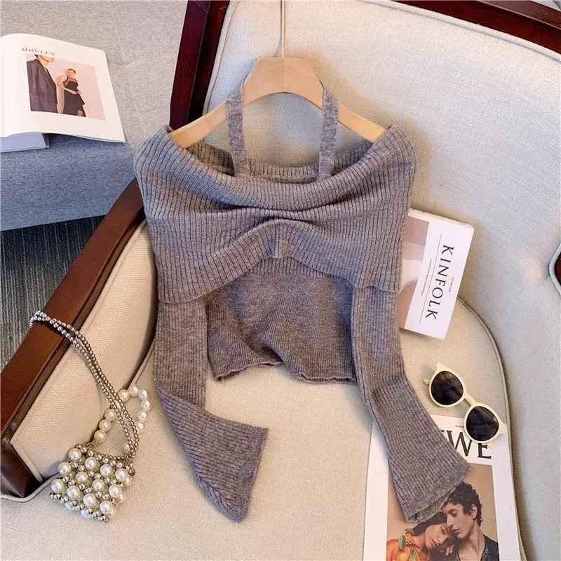 Korean style high-end sweet and spicy halterneck gray one-shoulder slim short long-sleeved sweater outer top for women in autumn