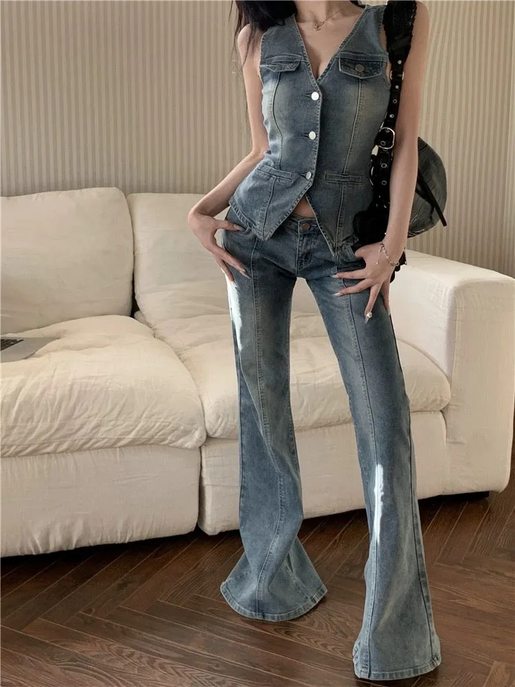 Korean style women's Hong Kong style age-reducing niche fashion suit gradient denim vest vest denim bell bottoms two-piece set