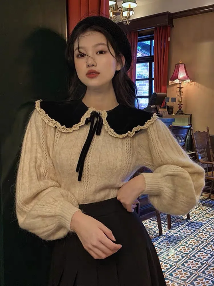 Large size doll collar contrasting color lace-up knitted sweater women's autumn and winter 2023 new style waist slimming long-sl