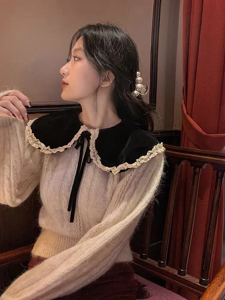 Large size doll collar contrasting color lace-up knitted sweater women's autumn and winter 2023 new style waist slimming long-sl