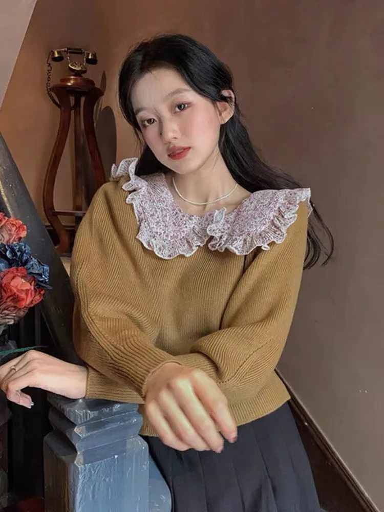 Large size lace splicing doll collar solid color sweater women's autumn and winter 2023 new loose outer wear long-sleeved knitte